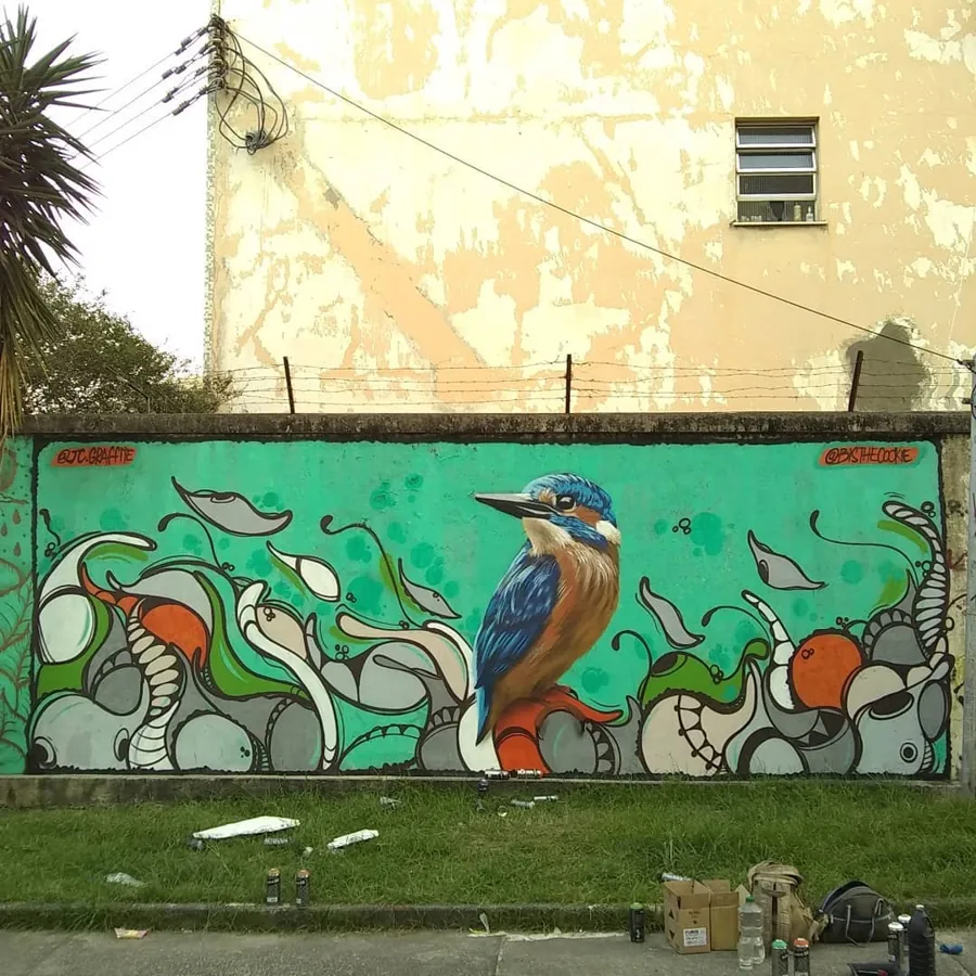 Muro verde com um martim-pescador pintado em grande escala, cercado por formas orgânicas